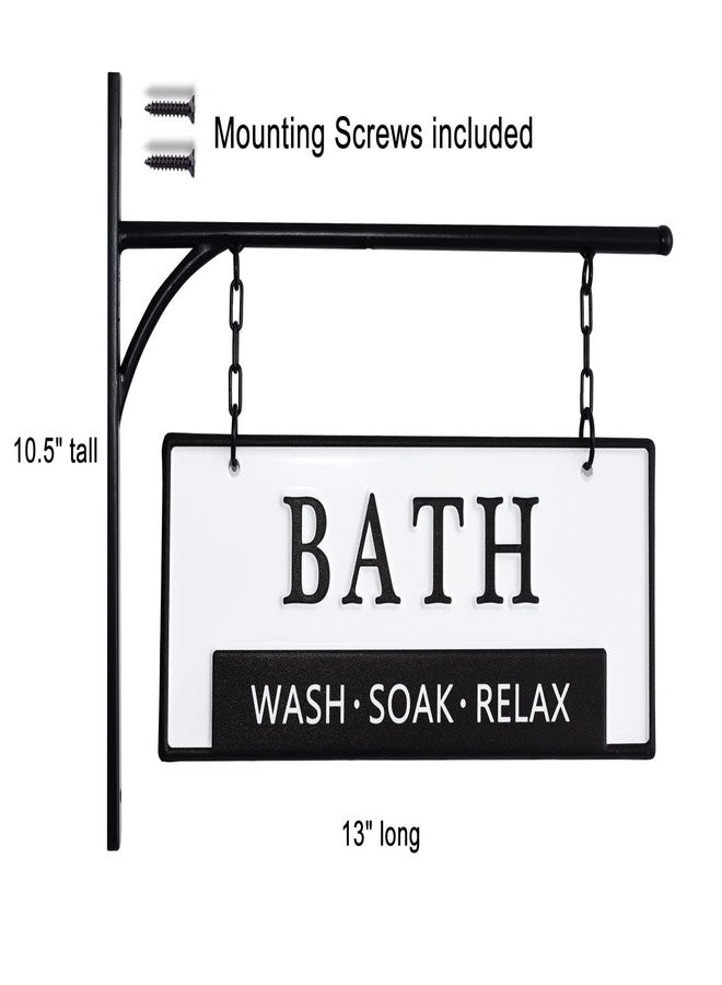 MACVAD Double-Sided Bathroom Door Hanging Sign, Embossed Black on White Enamel Metal Sign with Bracket, Modern Farmhouse Bathroom Wall Decor - Image 3